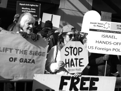 Over a thousand protest outside an American Israel Public Affairs Council event featuring Donald Trump as a speaker in Washington, DC, March 21, 2016.