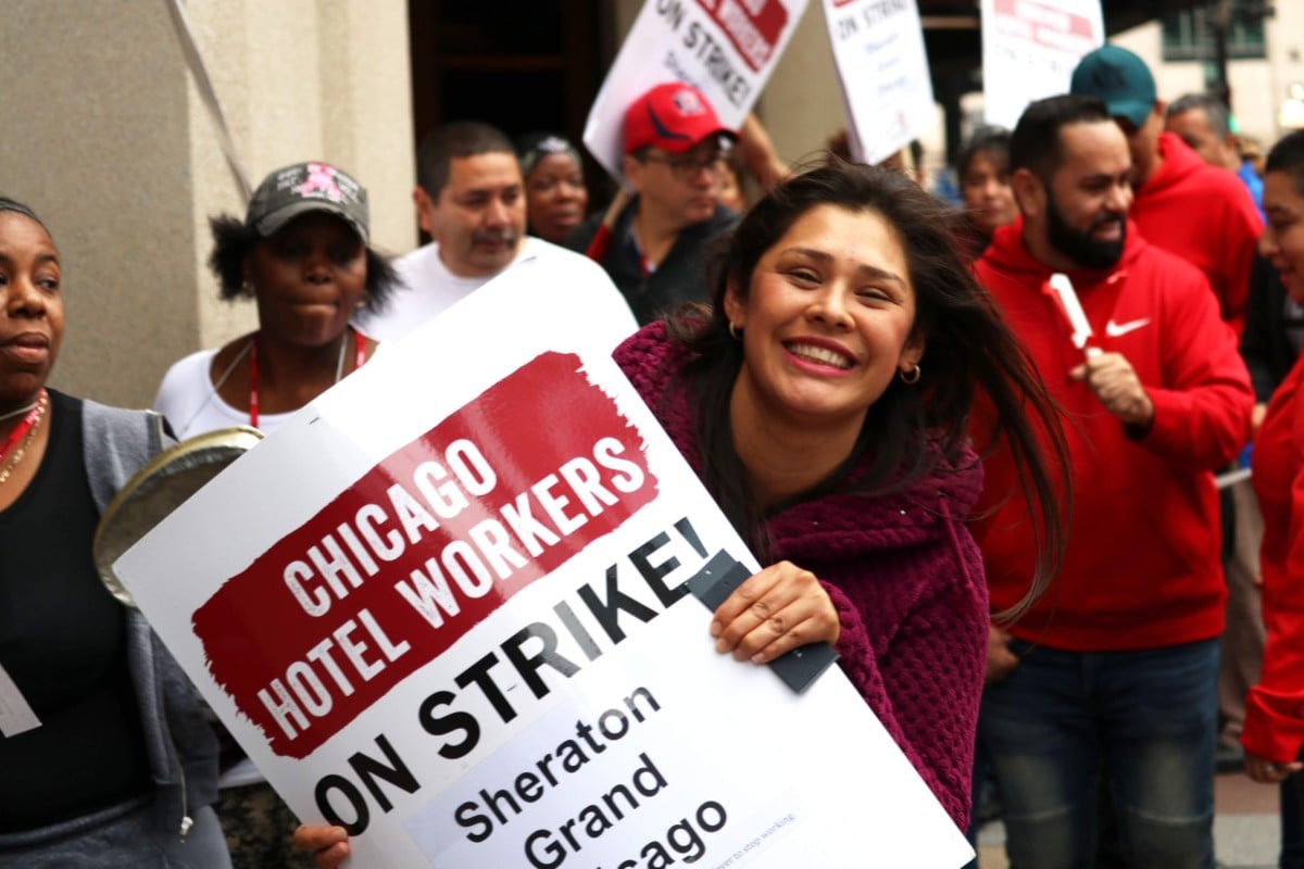 Striking hotel workers hit the picket line in downtown Chicago.