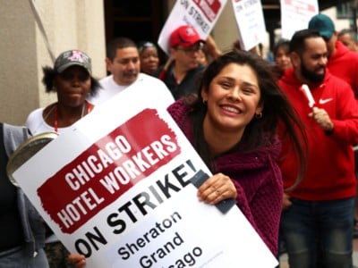 Striking hotel workers hit the picket line in downtown Chicago.