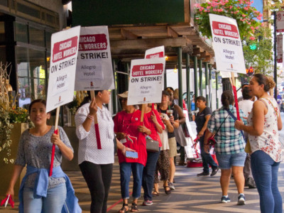 Unite Here Local 1 hotel workers on strike demonstrate in downtown Chicago, Illinois, September 17, 2018.