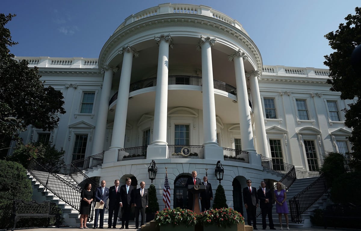 President Donald Trump gives remarks at the South Lawn of the White House on July 27, 2018, in Washington, DC.