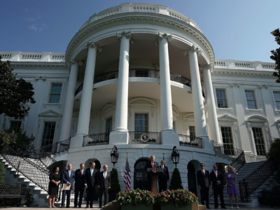 President Donald Trump gives remarks at the South Lawn of the White House on July 27, 2018, in Washington, DC.