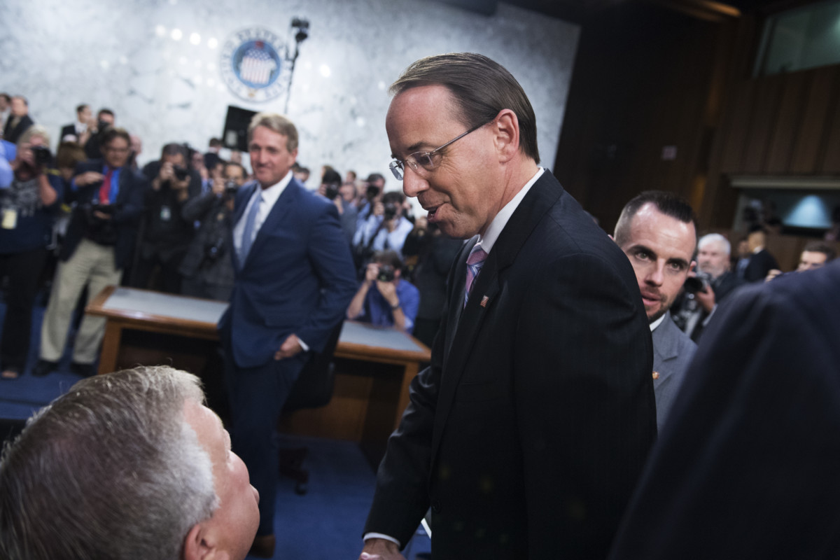 Deputy Attorney General Rod Rosenstein arrives for the Senate Judiciary Committee confirmation hearing for Supreme Court nominee Brett Kavanaugh in Hart Building on September 4, 2018.