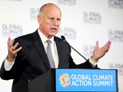 California Gov. Jerry Brown speaks at a news conference held at the Global Climate Action Summit in San Francisco, California, on September 13, 2018.