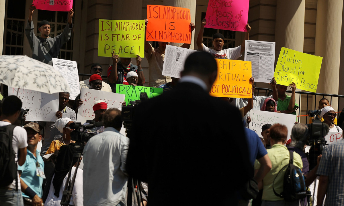 Islamic leaders and organizers of more than 55 mosques participate in a news conference and protest against Islamophobia on the steps of City Hall on September 1, 2010, in New York City.