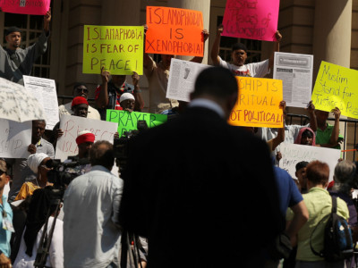 Islamic leaders and organizers of more than 55 mosques participate in a news conference and protest against Islamophobia on the steps of City Hall on September 1, 2010, in New York City.