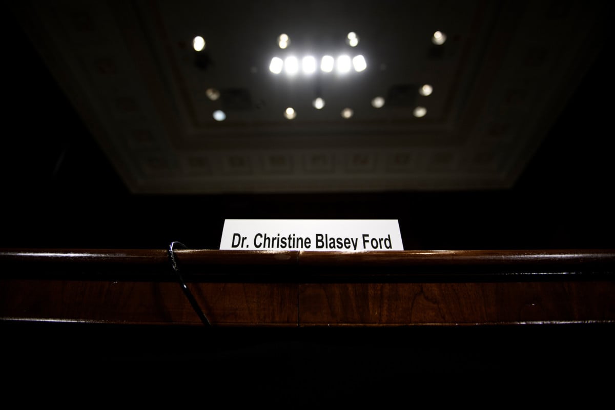 A view of Dr. Christine Blasey Ford's seat in the Senate Judiciary Committee's room before a hearing for the nomination of Judge Brett Kavanaugh on September 27, 2018, in Washington, DC.