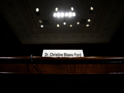 A view of Dr. Christine Blasey Ford's seat in the Senate Judiciary Committee's room before a hearing for the nomination of Judge Brett Kavanaugh on September 27, 2018, in Washington, DC.