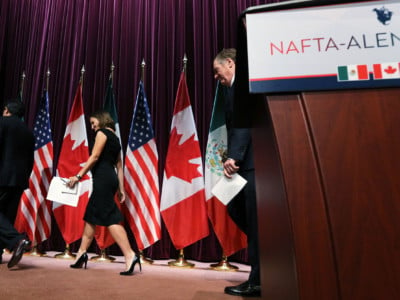 Canada's Minister of Foreign Affairs Chrystia Freeland (center), Mexico's Secretary of Economy Ildefonso Guajardo Villarreal (left) and United States Trade Representative Robert E. Lighthizer leave the stage at Global Affairs on the final day of the third round of the NAFTA renegotiations in Ottawa, Ontario, September 27, 2017.
