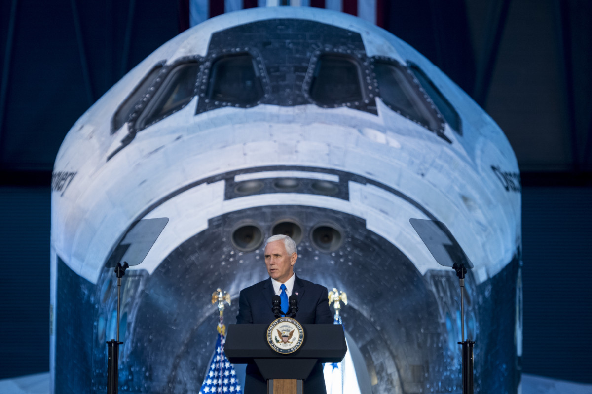 Vice President Mike Pence delivers opening remarks during the National Space Council's first meeting at the Smithsonian National Air and Space Museum's Steven F. Udvar-Hazy Center on October 5, 2017, in Chantilly, Virginia.