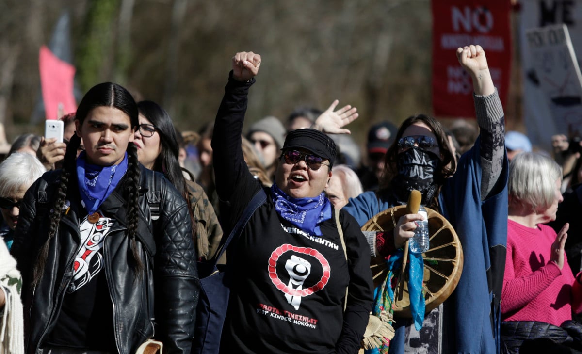 Indigenous leaders, coast protectors, and others demonstrate against the expansion of the Trans Mountain pipeline expansion project in Burnaby, British Columbia, Canada, on March 10, 2018.