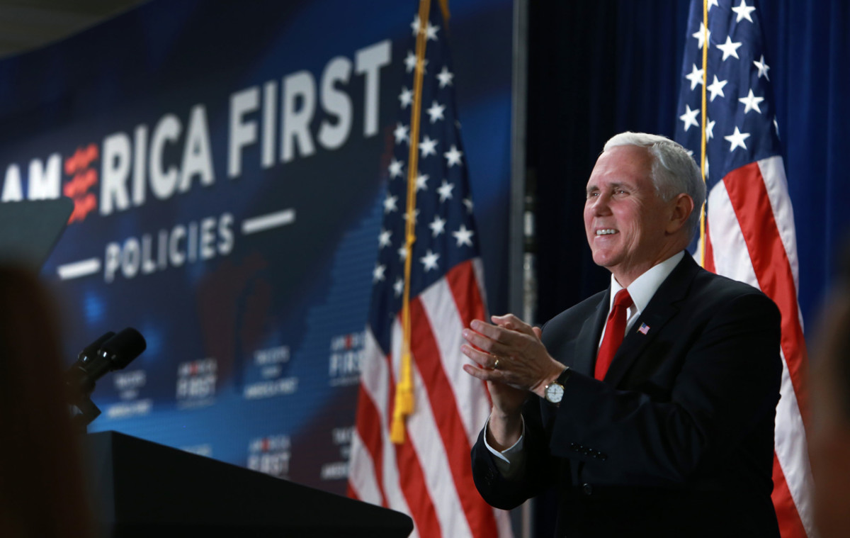 Vice President Mike Pence applauds the crowd at the conclusion of his speech at an event sponsored by America First Policies held at the Manchester Downtown Hotel Expo Center in Manchester, New Hampshire, on March 22, 2018.