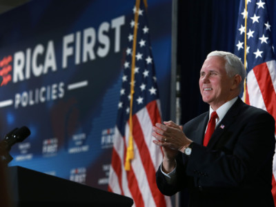 Vice President Mike Pence applauds the crowd at the conclusion of his speech at an event sponsored by America First Policies held at the Manchester Downtown Hotel Expo Center in Manchester, New Hampshire, on March 22, 2018.