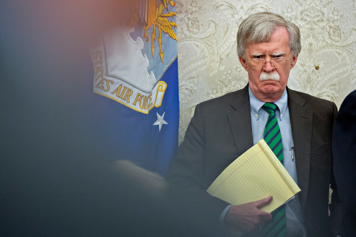 John Bolton, national security adviser, listens during a meeting with Donald Trump and Jens Stoltenberg, secretary general of the North Atlantic Treaty Organization, not pictured, in the Oval Office of the White House on May 17, 2018, in Washington, DC.