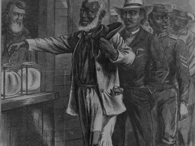 This 1867 drawing by Alfred Waud, "The First Vote," depicts Black men waiting in line to cast ballots. In Southern states, Black men first gained the right to vote in state constitutions drafted during the post-Civil War Reconstruction era.