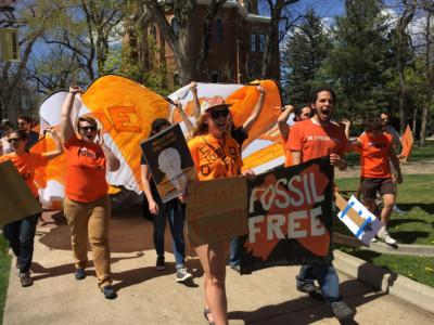Students at the University of Colorado Boulder join a divestment rally on April 14, 2014, in Boulder, Colorado.