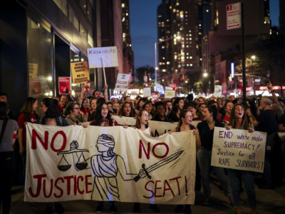 Protestors march through midtown Manhattan as they rally against Supreme Court nominee Judge Brett Kavanaugh, October 1, 2018, in New York City.