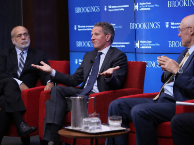 (From left to right) Former Federal Reserve Board Chairman Ben Bernanke, former Treasury Secretary Timothy Geithner and former Treasury Secretary Hank Paulson answer questions at the Brookings Institution September 12, 2018, in Washington, DC. The three participated in a conference on "Responding to the Global Financial Crisis: What We Did and Why We Did It."