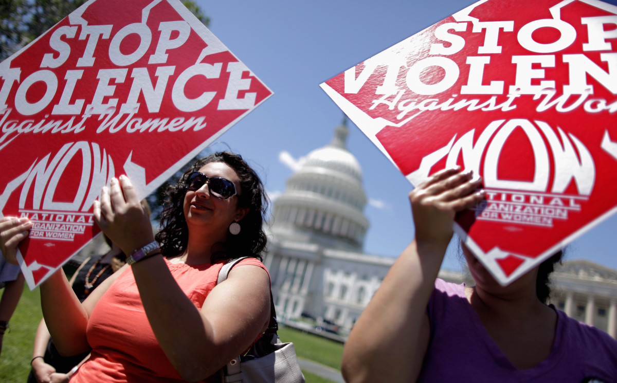 Members of the The National Organization for Women, the National Task Force to End Sexual Assault and Domestic Violence Against Women and other groups hold a rally in support of the Violence Against Women Act on Capitol Hill, June 26, 2012, in Washington, DC.