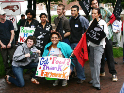 Participants in a Farm Labor Organizing Committee demonstrate outside an RJ Reynolds shareholders' meeting in Winston-Salem, North Carolina, on May 6, 2009.