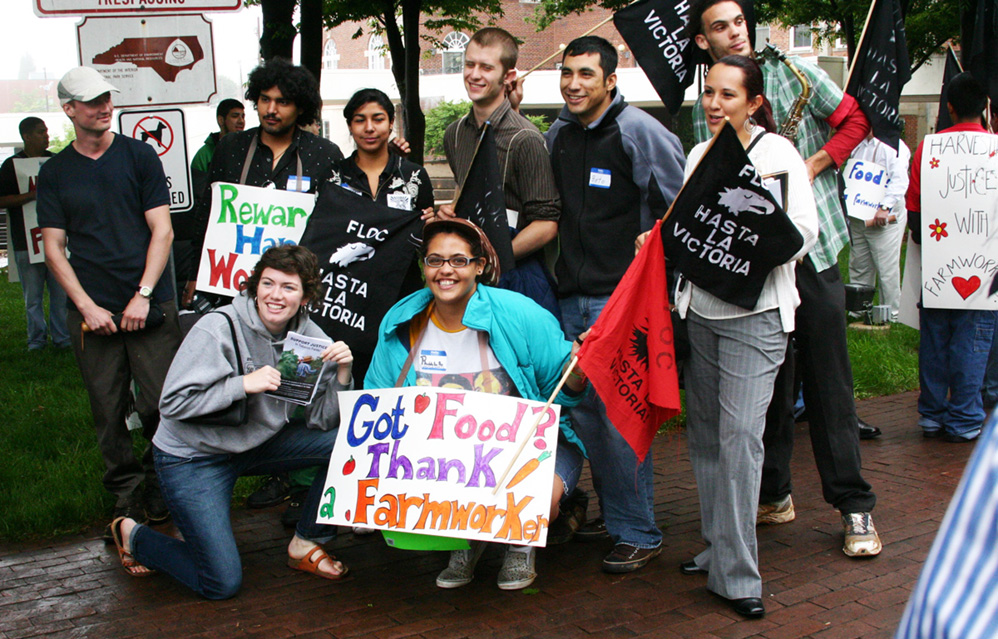 Participants in a Farm Labor Organizing Committee demonstrate outside an RJ Reynolds shareholders' meeting in Winston-Salem, North Carolina, on May 6, 2009.