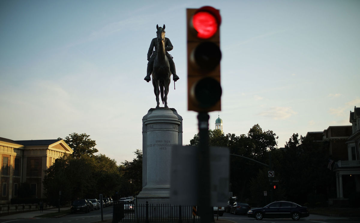 A statue of Confederate General Thomas Jonathan "Stonewall" Jackson stands at the intersection of Monument Avenue and North Boulevard, August 23, 2017, in Richmond, Virginia.