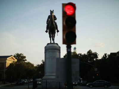 A statue of Confederate General Thomas Jonathan "Stonewall" Jackson stands at the intersection of Monument Avenue and North Boulevard, August 23, 2017, in Richmond, Virginia.