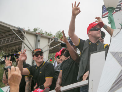 Proud Boys pose for photos during the "Mother of All Rallies" at the National Mall in Washington, DC, on September 8, 2018.