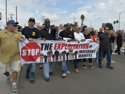 Teamsters, Working Families United, National TPS Alliance, LA County Federation of Labor, CARECEN, National Day Laborer Organizing Network, Los Angeles Alliance for a New Economy (LAANE), Clergy and Laity United for Economic Justice (CLUE) gathered together for a rally in Wilmington on October 3, 2018. This marked the end of a 3-day strike by truckers and warehouse workers.