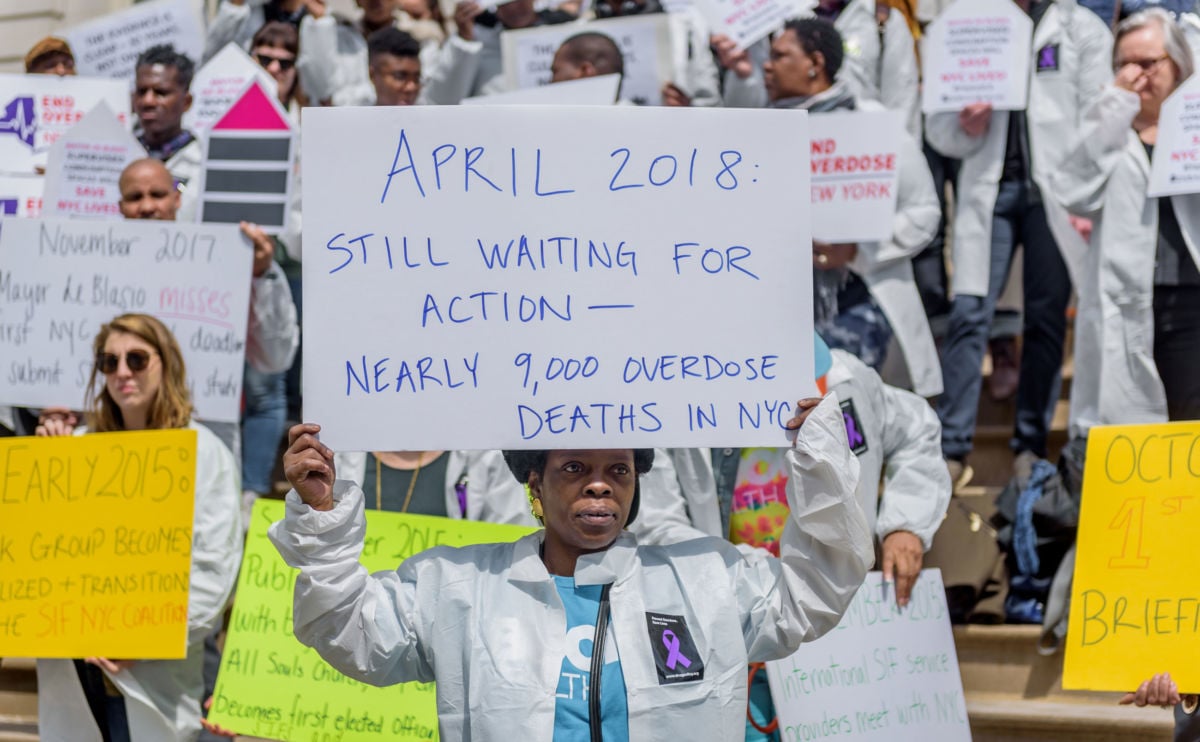 On the steps of New York City Hall, members of Housing Works, the Drug Policy Alliance and other advocacy groups demonstrate to publicly educate Mayor Bill de Blasio on the strong evidence behind supervised consumption sites as a public health intervention that saves lives.