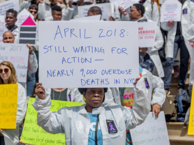 On the steps of New York City Hall, members of Housing Works, the Drug Policy Alliance and other advocacy groups demonstrate to publicly educate Mayor Bill de Blasio on the strong evidence behind supervised consumption sites as a public health intervention that saves lives.