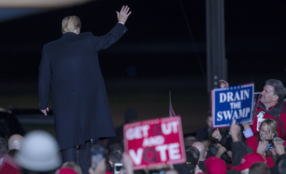 President Trump acknowledges supporters at the end of a political rally on October 24, 2018, in Mosinee, Wisconsin.