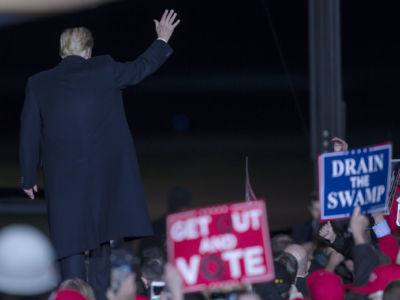 President Trump acknowledges supporters at the end of a political rally on October 24, 2018, in Mosinee, Wisconsin.