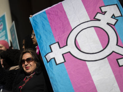 LGBTQ activists and their supporters rally in support of transgender people on the steps of New York City Hall, October 24, 2018, in New York City.