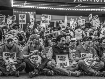 Strikers, non-striking hotel workers and members of other unions march through downtown San Francisco in a march of 2,000 people.