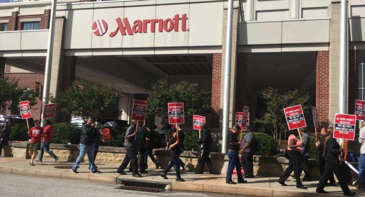 Hotel workers picket outside the Marriott Waterfront in Baltimore, Maryland, in October 2018.