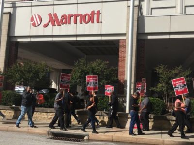 Hotel workers picket outside the Marriott Waterfront in Baltimore, Maryland, in October 2018.