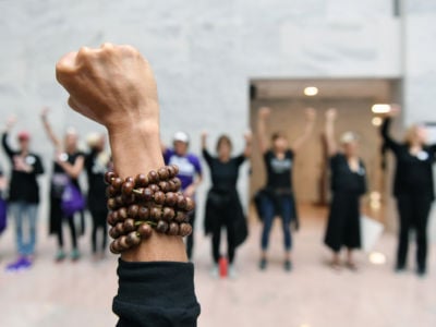 People gathered in the Hart Senate Office Building to protest then Supreme Court nominee Brett Kavanaugh on the day that he and Christine Blasey Ford testified on Capitol Hill on Thursday, September 27, 2018, in Washington, DC.