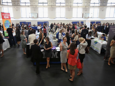 College students and potential employers meet at the Barnard College Career Fair on September 7, 2012, in New York City