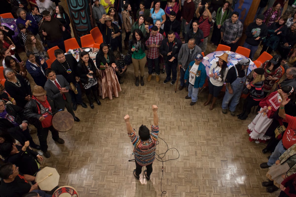 Rene Roman Nose addresses the crowd during a celebration marking Indigenous Peoples' Day at the Daybreak Star Cultural Center on October 13, 2014 in Seattle, Washington. Earlier that afternoon, Seattle Mayor Ed Murray signed a resolution designating the second Monday in October to be Indigenous Peoples' Day.