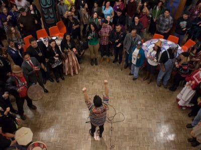 Rene Roman Nose addresses the crowd during a celebration marking Indigenous Peoples' Day at the Daybreak Star Cultural Center on October 13, 2014 in Seattle, Washington. Earlier that afternoon, Seattle Mayor Ed Murray signed a resolution designating the second Monday in October to be Indigenous Peoples' Day.