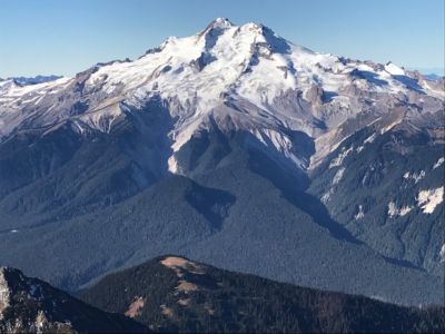 Glacier Peak in the central Cascade Mountains, seen from the East. The rapid retreat of the glaciers on this 10,541-foot mountain is starkly apparent in this photo of the fourth-highest mountain in Washington State.