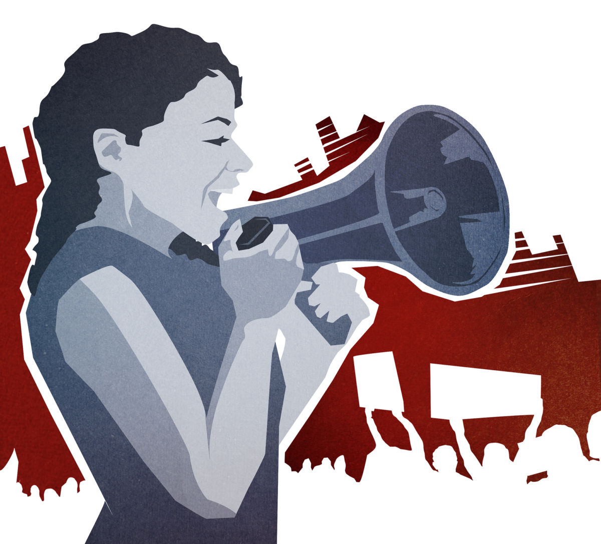 A woman holds a megaphone in front of a mass gathering of resistors.