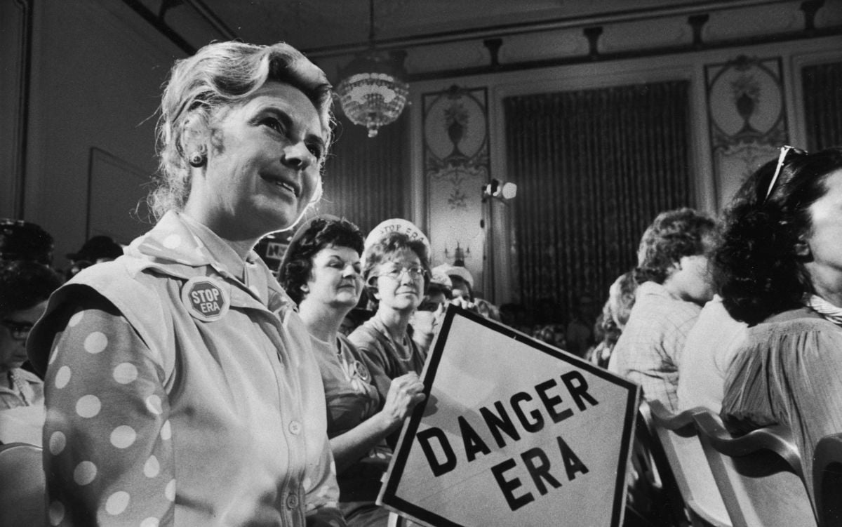 Phyllis Schlafly and others sit in the audience during a government hearing to voice their opposition to the passage of the Equal Rights Amendment, Kansas City, Missouri, August 10, 1976.