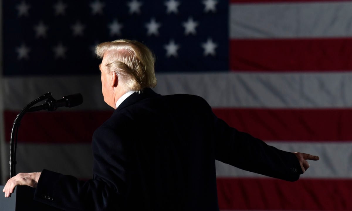 President Donald Trump speaks during an election rally in Murphysboro, Illinois, on October 27, 2018.