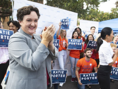 Katie Porter, who is running for the state congressional seat in the 45th district, speaks to supporters at the University of California, Irvine, on October 30, 2018.