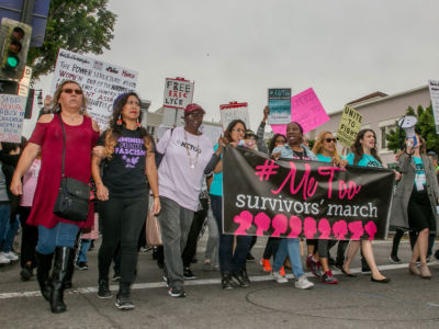 Brenda Gutierrez and Tarana Burke march at the Take Back The Workplace March and #MeToo Survivors March & Rally at Producers Guild of America on November 12, 2017, in Beverly Hills, California.