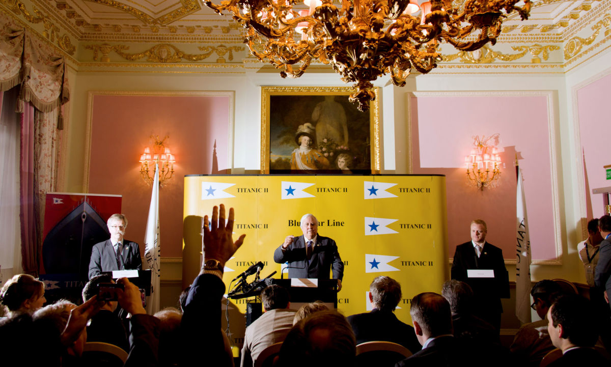 Australian billionaire and Blue Star Line chairman, Professor Sir Clive Palmer, officially announces details of his plans to build a 21st century version of the RMS Titanic, the Titanic II, during a press conference in central London on March 2, 2013.