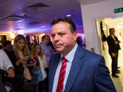 Brexit bankroller Arron Banks attends the campaign's referendum party at Millbank Tower on June 24, 2016, in London, England. New leaked emails reveal fresh links between Banks, Cambridge Analytica and Steve Bannon.