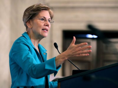 Sen. Elizabeth Warren (D-Massachusetts) addresses the Rev. Al Sharpton's National Action Network during a post-midterm election meeting in the Kennedy Caucus Room at the Russell Senate Office Building on Capitol Hill November 13, 2018, in Washington, DC.